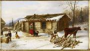 Chopping Logs Outside a Snow Covered Log Cabin Cornelius Krieghoff